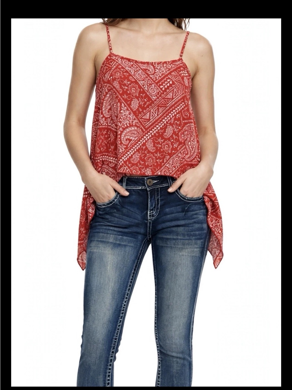 Red Paisley Handkerchief-Hem Cami with Adjustable Straps